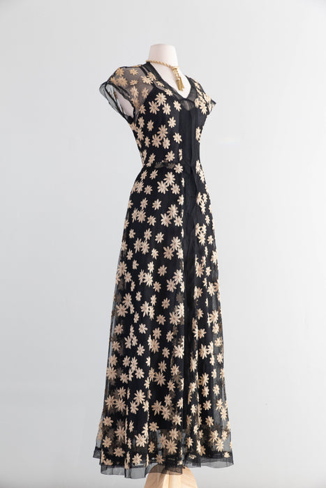Divine 1930's Daisy Embroidered Black English Net Sheer Evening Dress / M