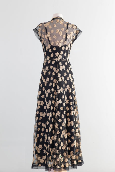 Divine 1930's Daisy Embroidered Black English Net Sheer Evening Dress / M
