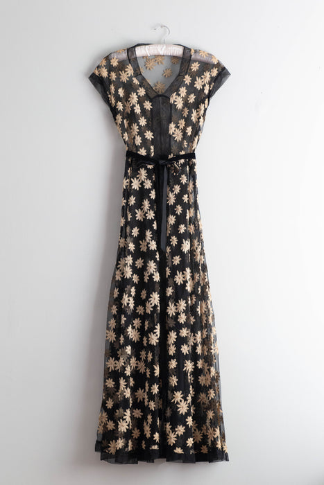 Divine 1930's Daisy Embroidered Black English Net Sheer Evening Dress / M