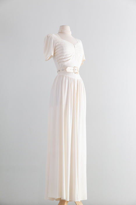 Elegant 1940's Ivory Rayon Jersey Wedding Dress With Pleated Bodice / SM