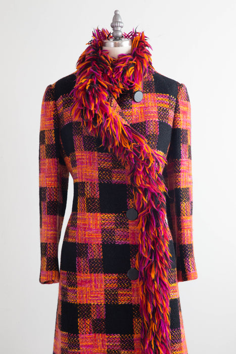 Fabulous 1960's Bold Plaid Wool Statement Coat With Fringe / Medium