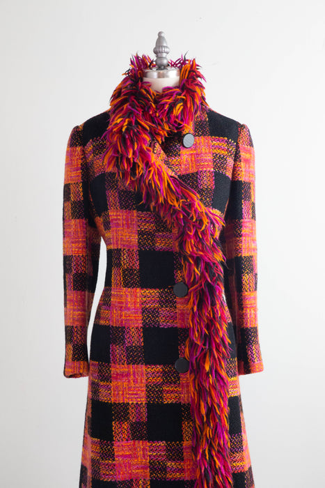 Fabulous 1960's Bold Plaid Wool Statement Coat With Fringe / Medium