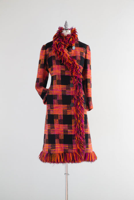 Fabulous 1960's Bold Plaid Wool Statement Coat With Fringe / Medium