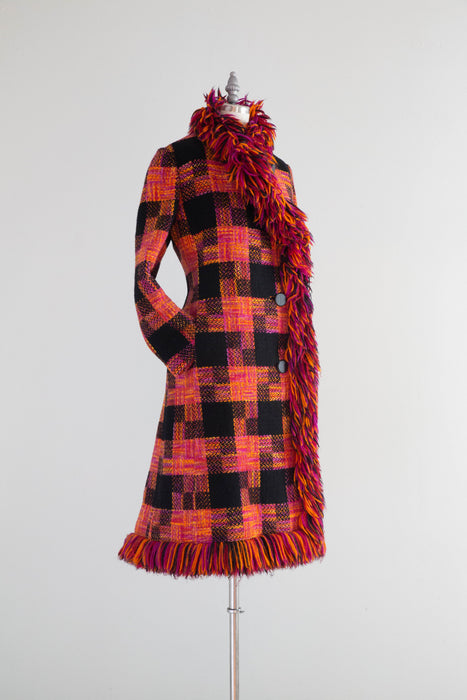 Fabulous 1960's Bold Plaid Wool Statement Coat With Fringe / Medium