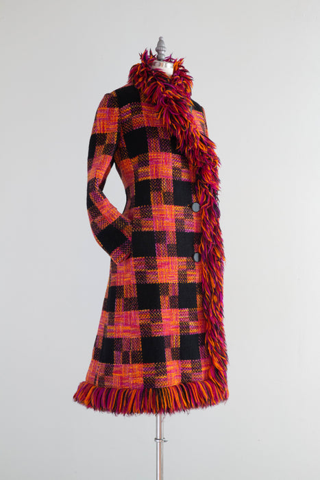 Fabulous 1960's Bold Plaid Wool Statement Coat With Fringe / Medium