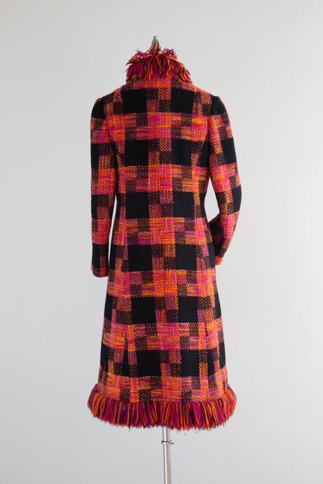 Fabulous 1960's Bold Plaid Wool Statement Coat With Fringe / Medium