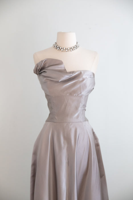Breathtaking 1950's Ceil Chapman Evening Gown In Pewter Silk / S