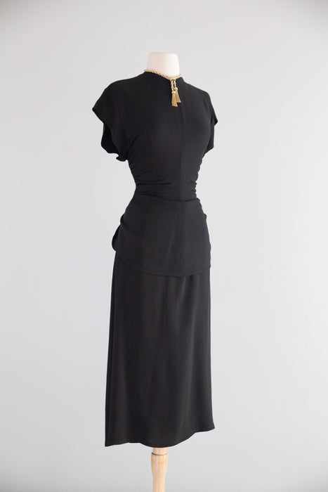 Elegant 1940's Black Rayon Cocktail Dress With Tie Back Peplum / SM