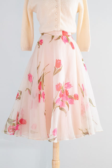 Lovely 1950's Custom Craft Rose Print Silk Organza Skirt / XS