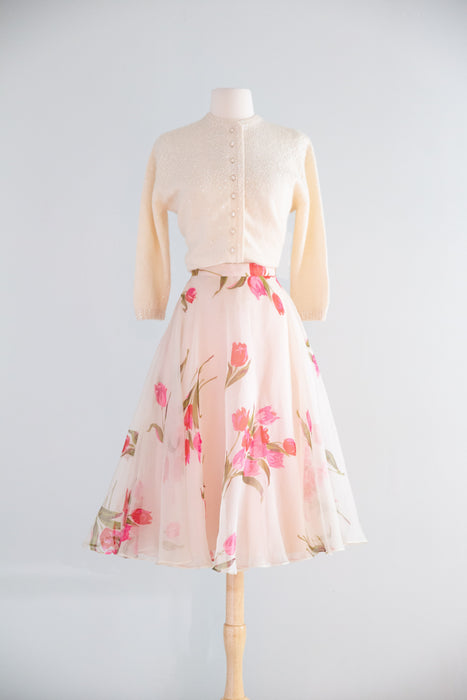 Lovely 1950's Custom Craft Rose Print Silk Organza Skirt / XS