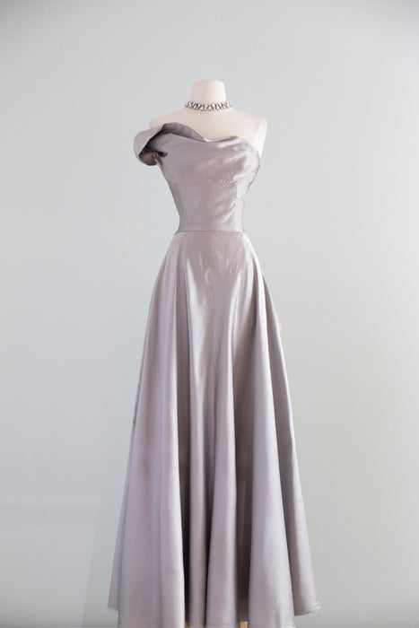 Breathtaking 1950's Ceil Chapman Evening Gown In Pewter Silk / S