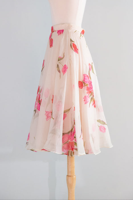 Lovely 1950's Custom Craft Rose Print Silk Organza Skirt / XS