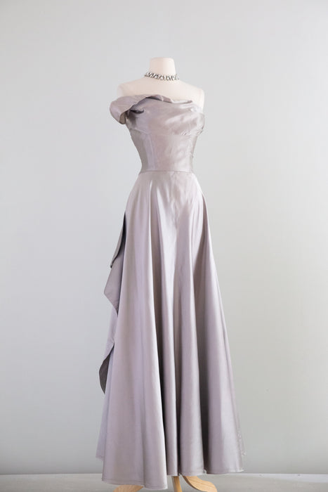 Breathtaking 1950's Ceil Chapman Evening Gown In Pewter Silk / S