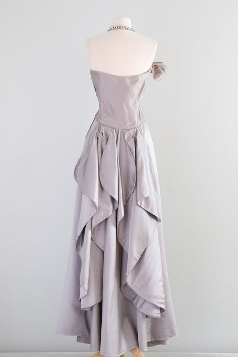 Breathtaking 1950's Ceil Chapman Evening Gown In Pewter Silk / S