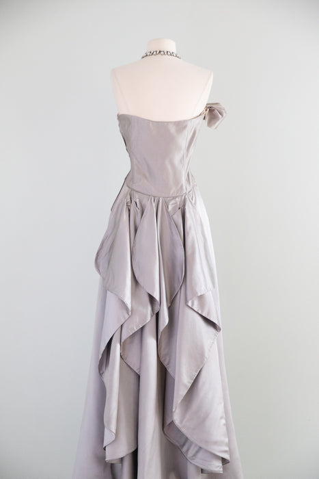 Breathtaking 1950's Ceil Chapman Evening Gown In Pewter Silk / S