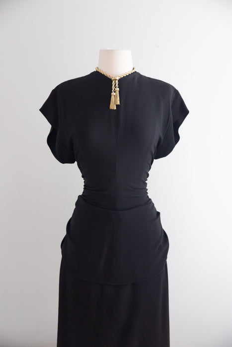 Elegant 1940's Black Rayon Cocktail Dress With Tie Back Peplum / SM