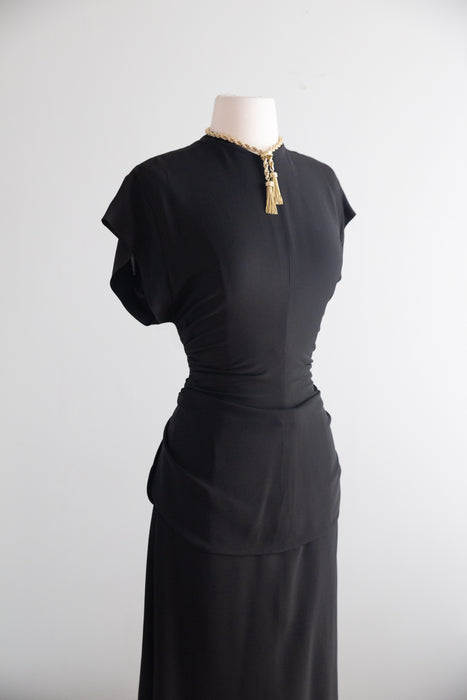 Elegant 1940's Black Rayon Cocktail Dress With Tie Back Peplum / SM
