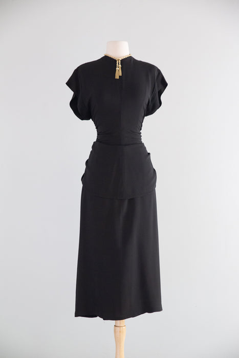 Elegant 1940's Black Rayon Cocktail Dress With Tie Back Peplum / SM