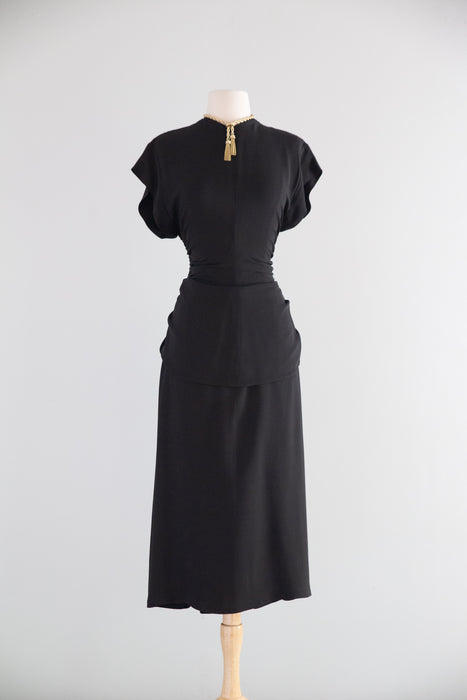 Elegant 1940's Black Rayon Cocktail Dress With Tie Back Peplum / SM