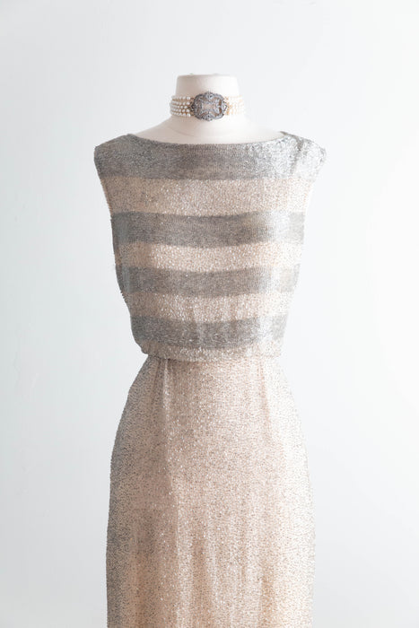 Elegant Early 1960's Silver Glass Beaded Cocktail Dress Over Nude Illusion Silk Chiffon / SM