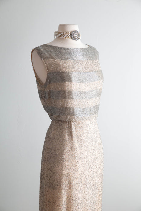 Elegant Early 1960's Silver Glass Beaded Cocktail Dress Over Nude Illusion Silk Chiffon / SM