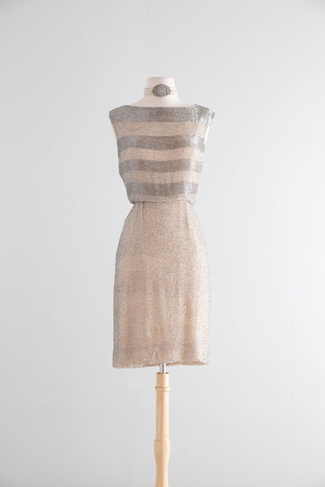 Elegant Early 1960's Silver Glass Beaded Cocktail Dress Over Nude Illusion Silk Chiffon / SM