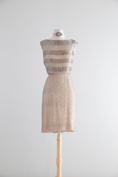 Elegant Early 1960's Silver Glass Beaded Cocktail Dress Over Nude Illusion Silk Chiffon / SM
