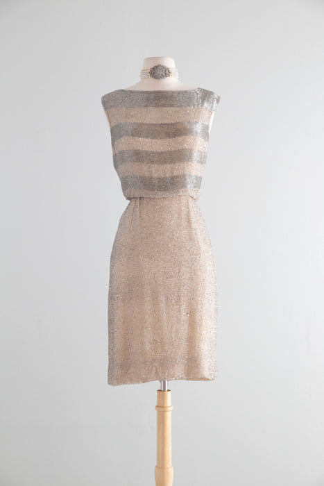 Elegant Early 1960's Silver Glass Beaded Cocktail Dress Over Nude Illusion Silk Chiffon / SM
