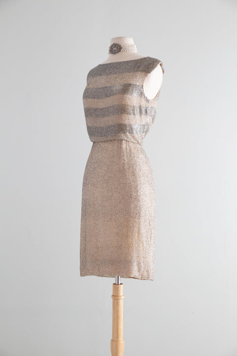 Elegant Early 1960's Silver Glass Beaded Cocktail Dress Over Nude Illusion Silk Chiffon / SM
