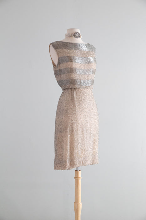 Elegant Early 1960's Silver Glass Beaded Cocktail Dress Over Nude Illusion Silk Chiffon / SM