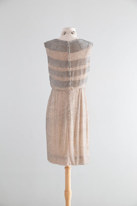 Elegant Early 1960's Silver Glass Beaded Cocktail Dress Over Nude Illusion Silk Chiffon / SM