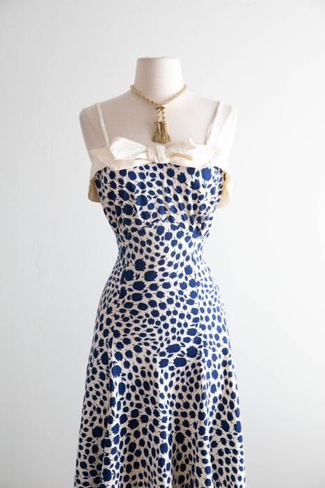 Stunning 1930's Cotton Floral Print Maxi Dress With Bow Neckline / M