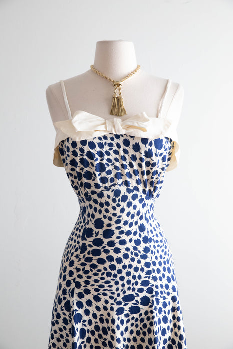 Stunning 1930's Cotton Floral Print Maxi Dress With Bow Neckline / M