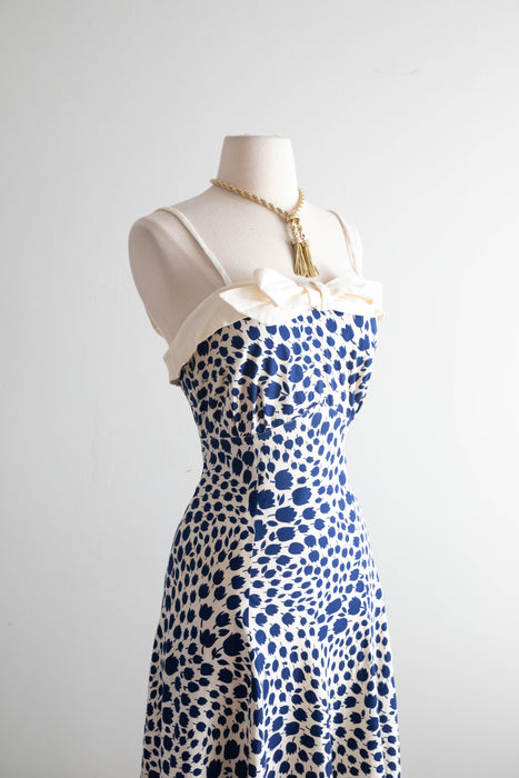 Stunning 1930's Cotton Floral Print Maxi Dress With Bow Neckline / M