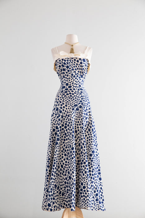 Stunning 1930's Cotton Floral Print Maxi Dress With Bow Neckline / M