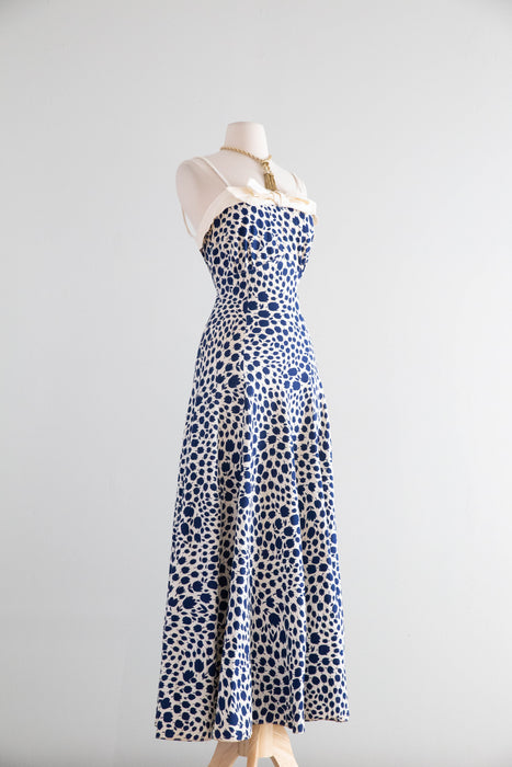 Stunning 1930's Cotton Floral Print Maxi Dress With Bow Neckline / M