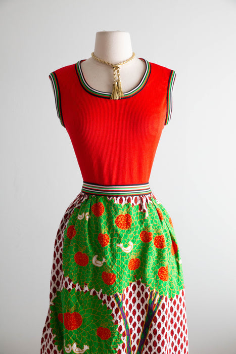 Fabulous Early 1970's Bold Scenic Bird Print Maxi Dress & Matching Shawl / M