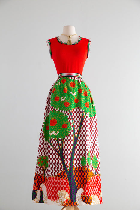 Fabulous Early 1970's Bold Scenic Bird Print Maxi Dress & Matching Shawl / M