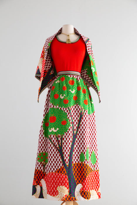 Fabulous Early 1970's Bold Scenic Bird Print Maxi Dress & Matching Shawl / M