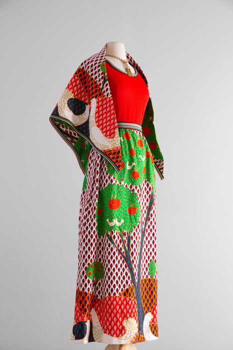 Fabulous Early 1970's Bold Scenic Bird Print Maxi Dress & Matching Shawl / M