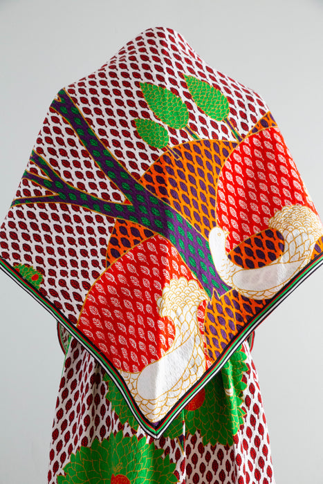 Fabulous Early 1970's Bold Scenic Bird Print Maxi Dress & Matching Shawl / M