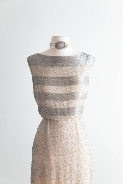 Elegant Early 1960's Silver Glass Beaded Cocktail Dress Over Nude Illusion Silk Chiffon / SM