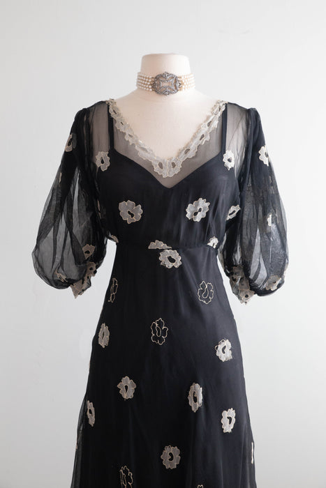 Ethereal 1930's Embroidered Sheer Black Silk Net Bias Cut Gown / S