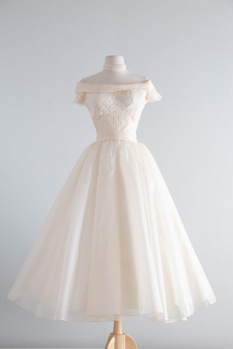 Breathtaking 1950's Ivory Silk Organza Ballet Length Wedding Dress By Marie of Pandora / S