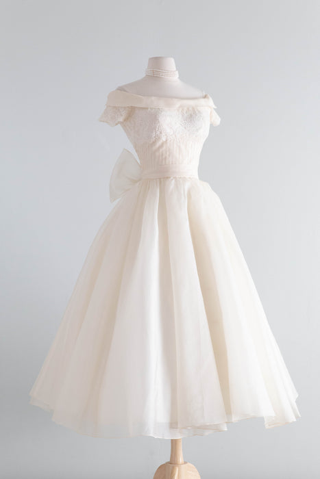 Breathtaking 1950's Ivory Silk Organza Ballet Length Wedding Dress By Marie of Pandora / S