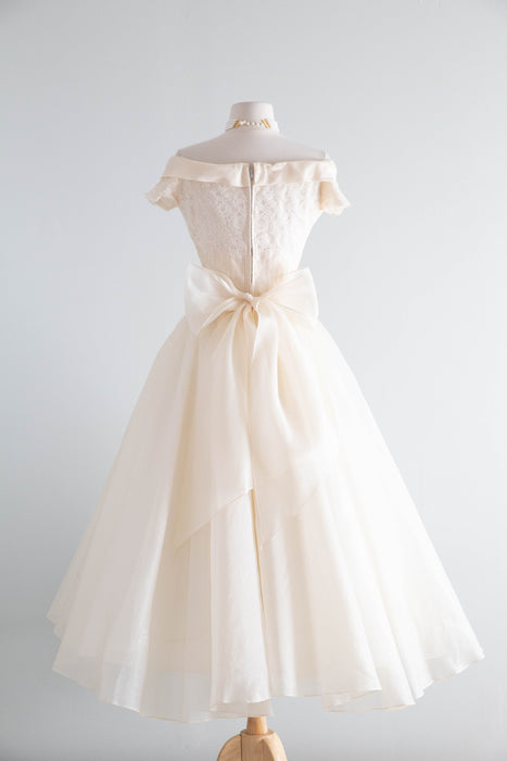Breathtaking 1950's Ivory Silk Organza Ballet Length Wedding Dress By Marie of Pandora / S