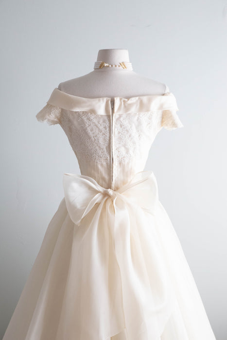 Breathtaking 1950's Ivory Silk Organza Ballet Length Wedding Dress By Marie of Pandora / S