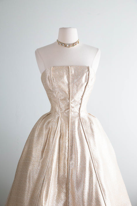 Glamorous 1950's Suzy Perette Gold Brocade Party Dress With Candy Colored Polka Dots / XS