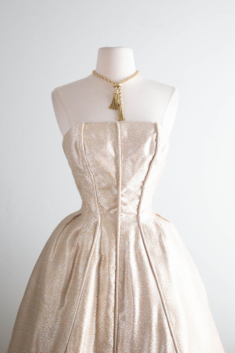 Glamorous 1950's Suzy Perette Gold Brocade Party Dress With Candy Colored Polka Dots / XS