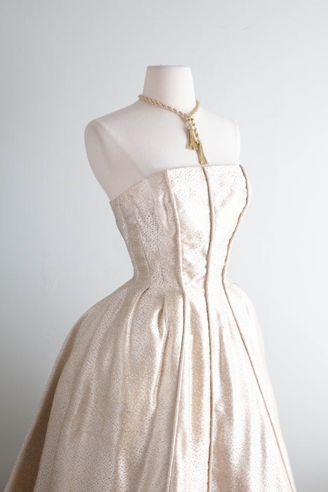 Glamorous 1950's Suzy Perette Gold Brocade Party Dress With Candy Colored Polka Dots / XS